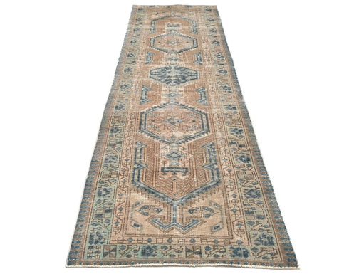 11 Ft Vintage Brown Persian Style Hand Knotted Distressed Low Pile Wool Runner Rug